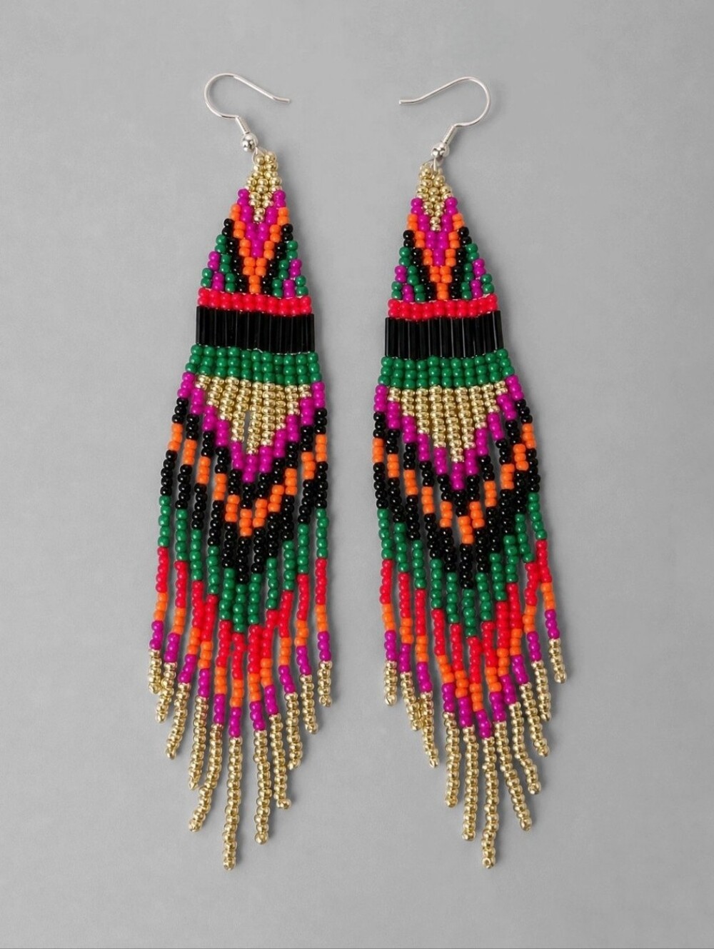 Handmade Safari Boho Fringe Beaded Earrings - Pink Green Gold